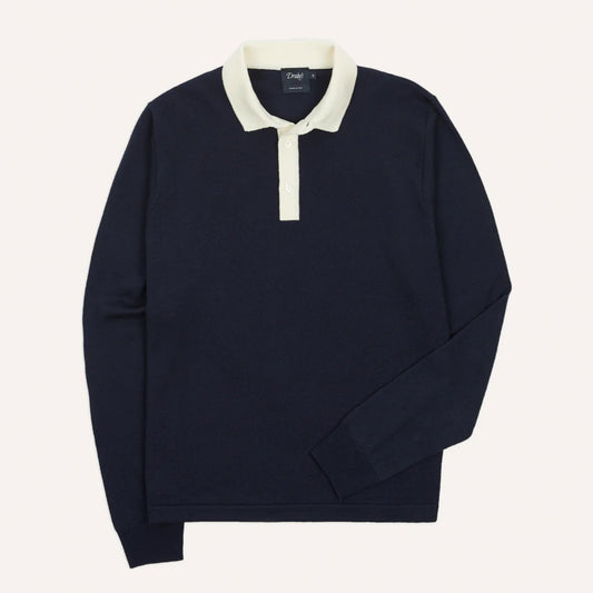 Merino Wool Knitted Rugby Shirt in Navy