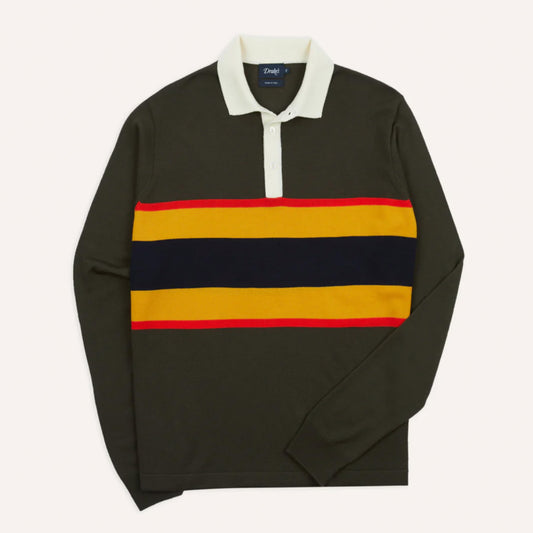 Centre Stripe Wool Knitted Rugby Shirt in Olive